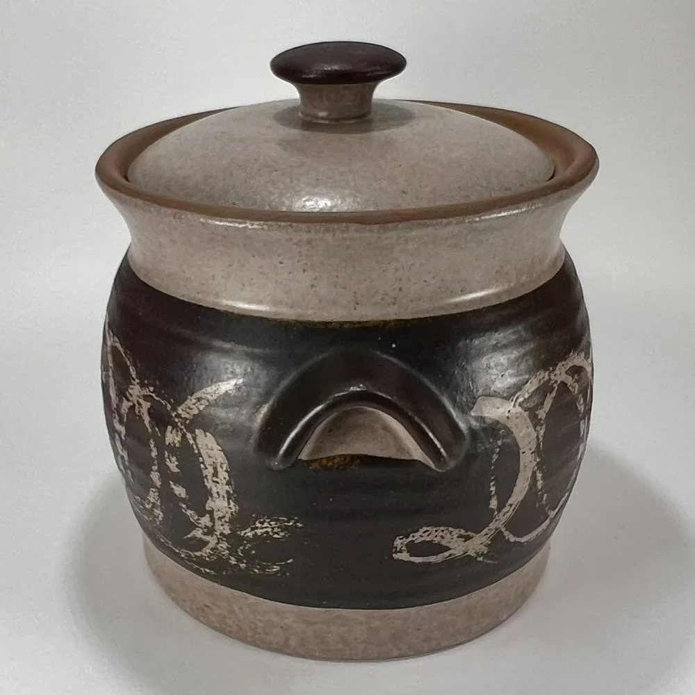 Vtg Studio Pottery Dish Pot Crock Stoneware Handles Lidded Earth Tones Rustic